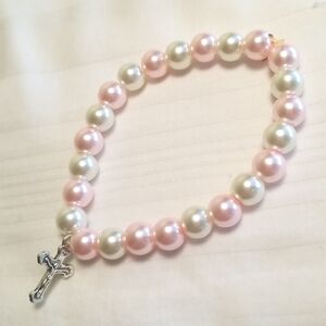 New Pink Pearl Glass Silver Cross Religious Bracelet